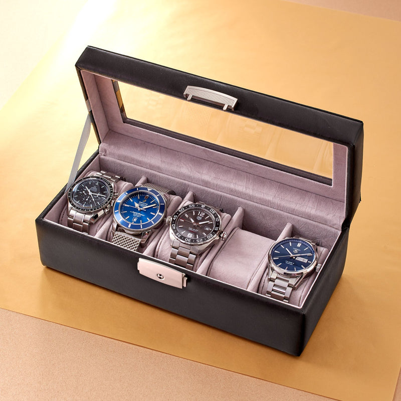 Black leather watch box with open tray for 4 watches, gray cushions