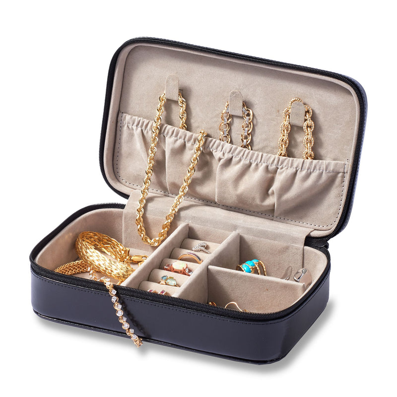 Leather jewelry case open, dark leather with beige lining and six jewelry compartments