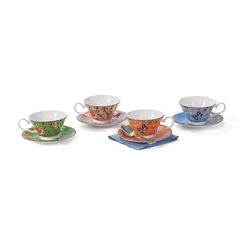 Belleek Pottery bone china teacup and saucer set with colorful cottage garden florals