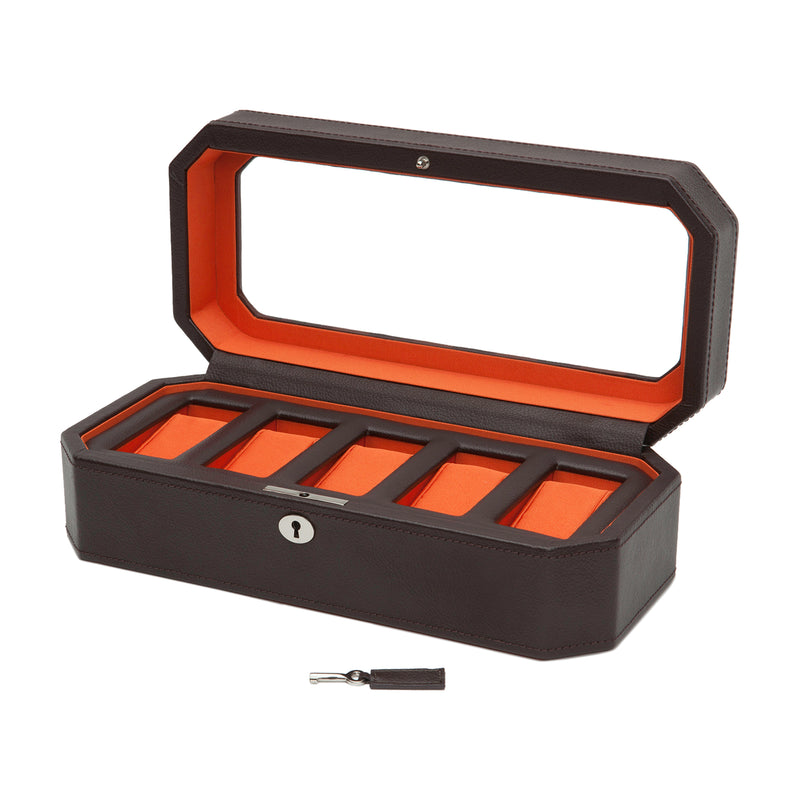 WOLF Windsor 5-watch box, black faux leather with orange padded inserts, open lid