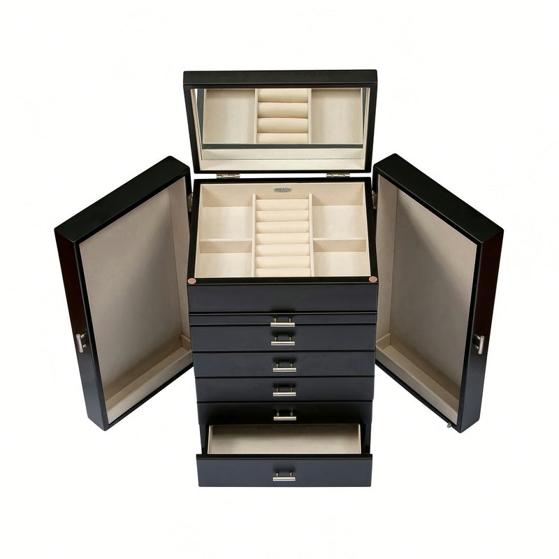 Mele & Co. Geneva jewelry box, open with padded compartments and two side doors