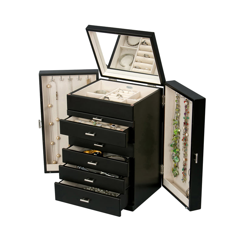 Mele & Co. Geneva jewelry box in dark wood, open with drawers and necklace hook sides