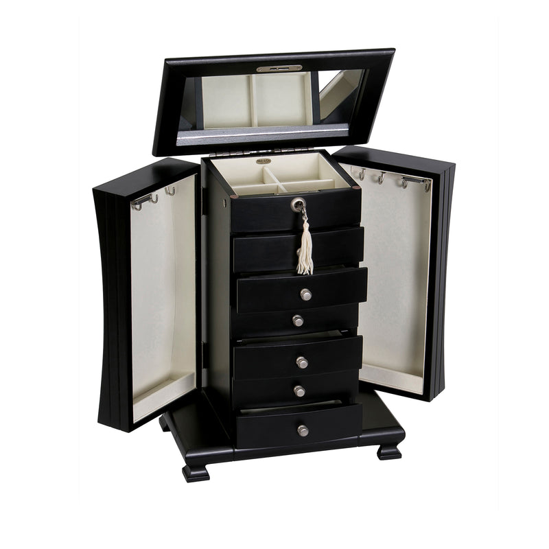 Locking wooden jewelry box by Mele & Co. Layla, open with black drawer trays