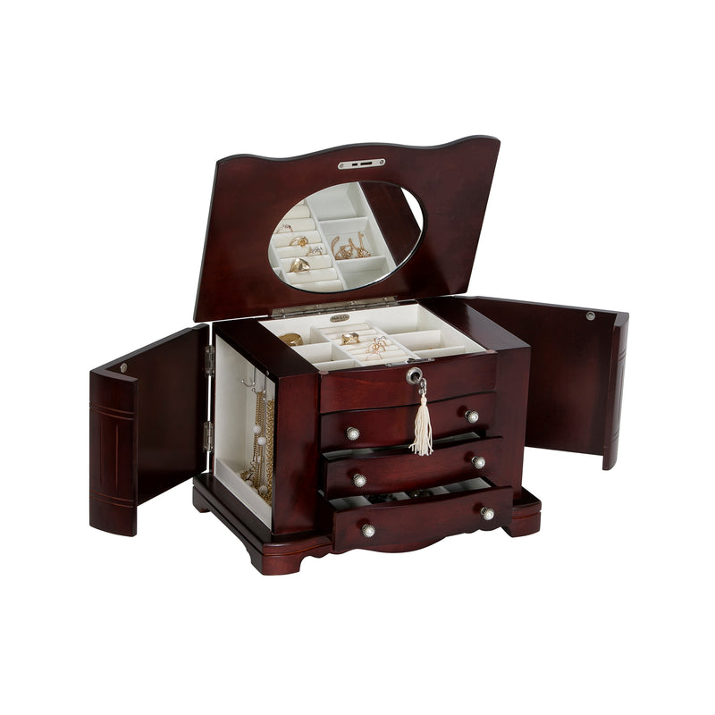 Mele & Co. mahogany wooden jewelry box open with mirror, drawers, and compartments