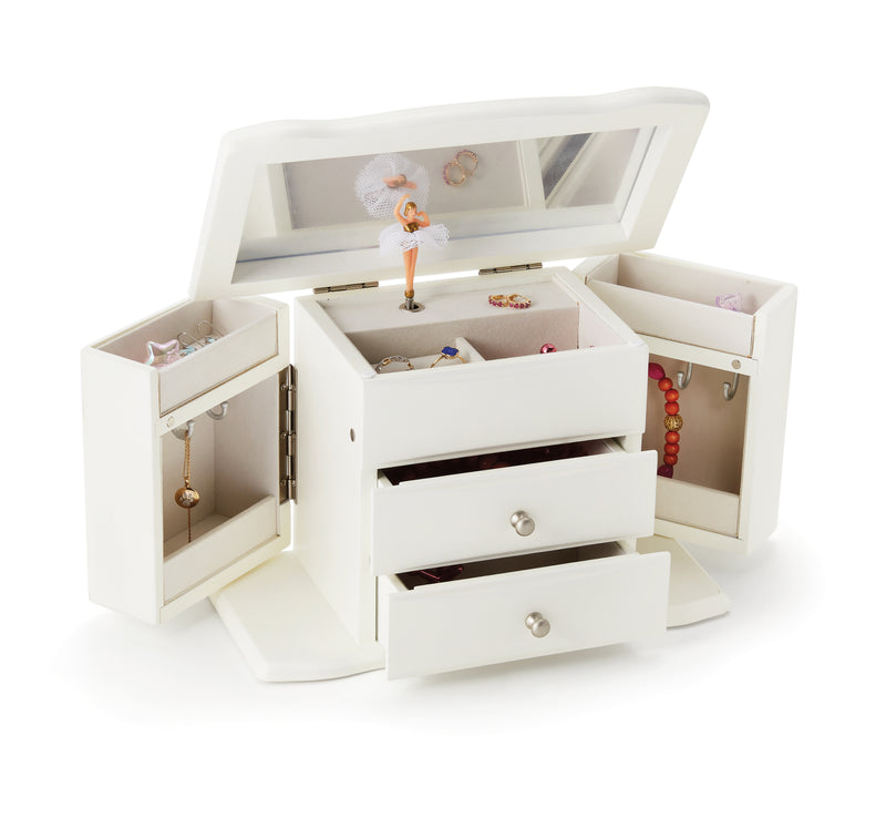 Ivory wooden musical ballerina jewelry box, open with drawers and compartments