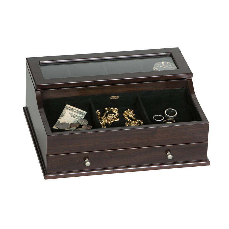Mahogany wooden dresser valet with glass top; open jewelry tray and two drawers.