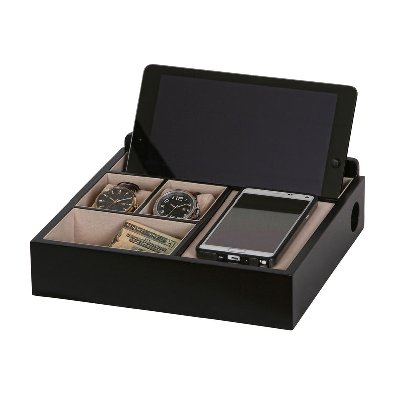 Mele & Co. wooden charging valet with watch and tablet/phone slots, dark finish tray