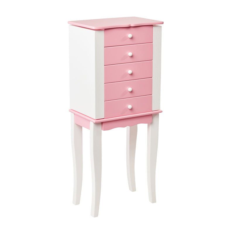 Mele & Co. Louisa pink and white wooden jewelry armoire with pink drawers and round knobs