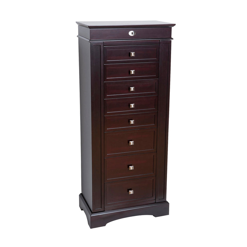 Dark walnut-finished wooden jewelry armoire with vertical drawers and metal pulls