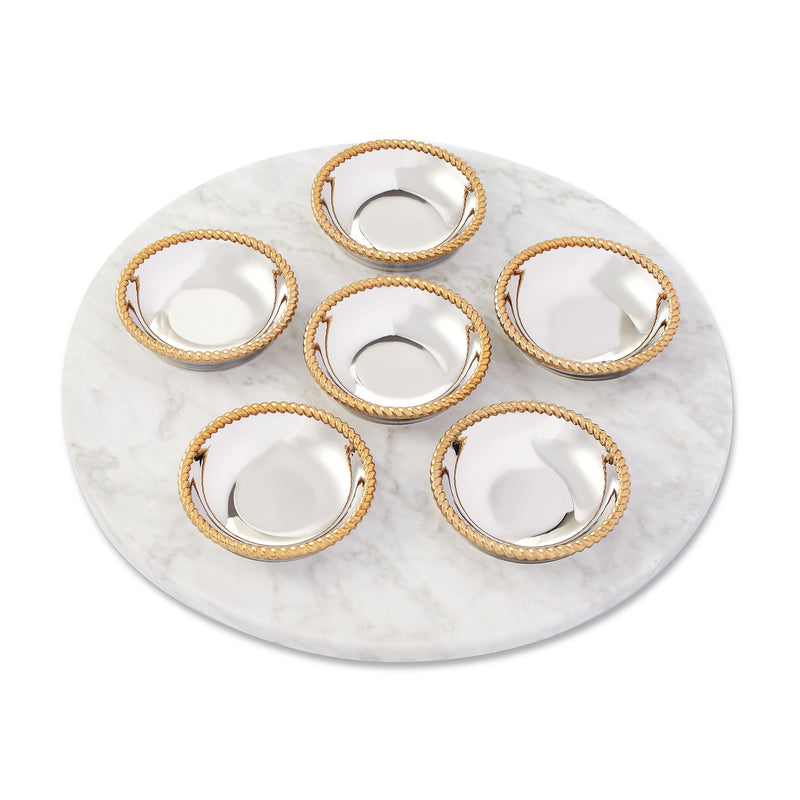 Marble two-tone seder plate with five round dishes, gold beaded rims