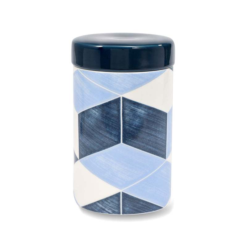 Blue porcelain canister with dark blue geometric pattern and glossy lid
