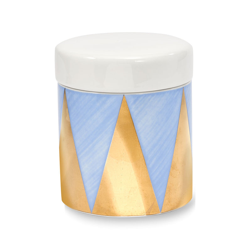 Small porcelain canister with blue and gold geometric pattern and white lid