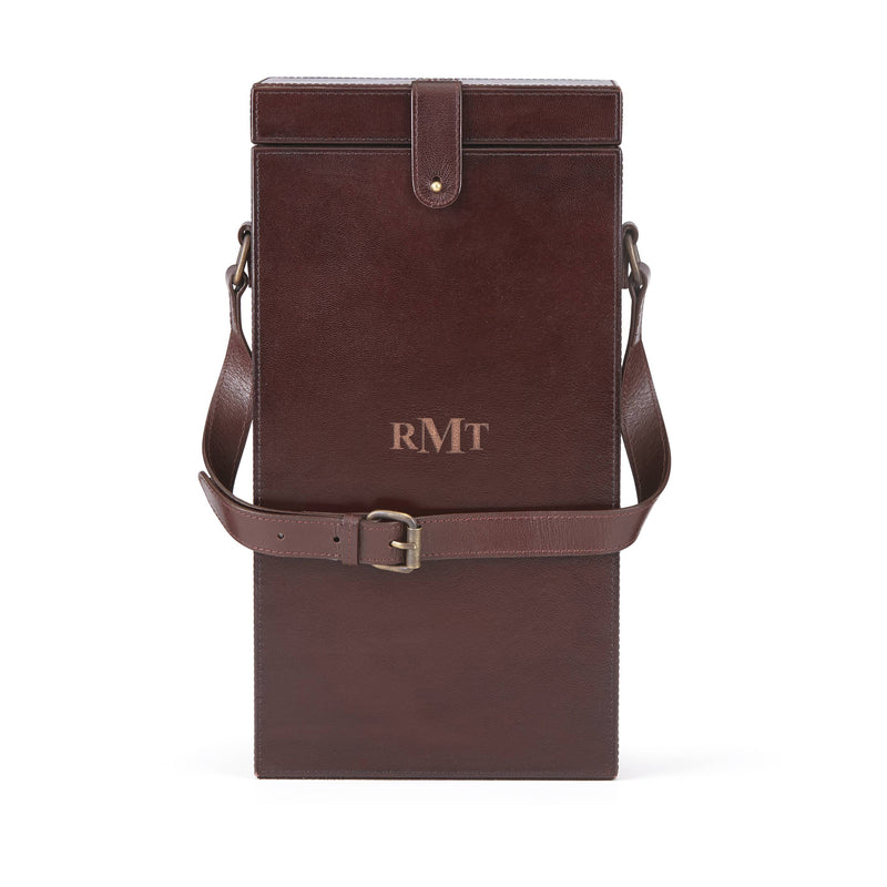 Reed & Barton Hudson leather monogram spirit holder, brown RMT flap with buckle strap