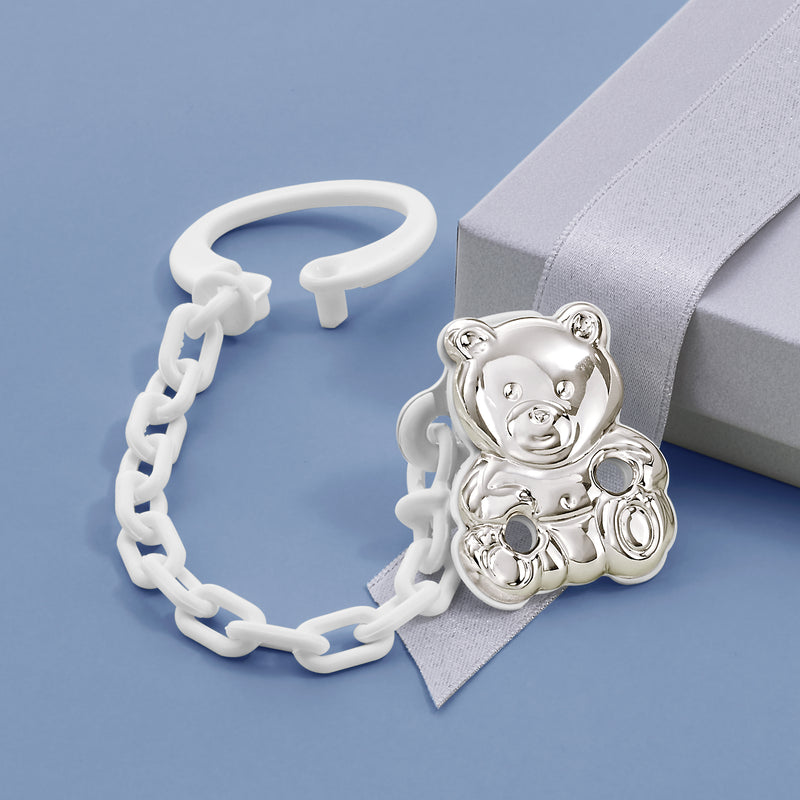 Sterling silver teddy bear pacifier holder with chain links and round clasp