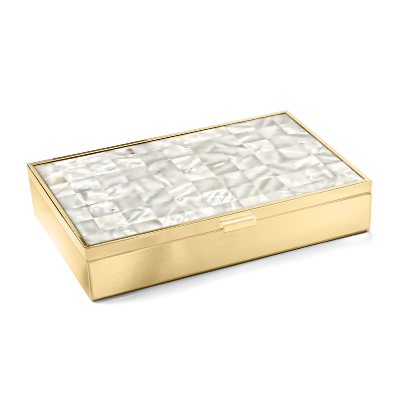 Reed & Barton mother-of-pearl jewelry box in gold-plated stainless steel with inlaid lid