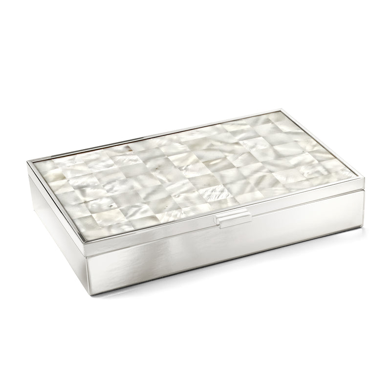 Stainless steel mother-of-pearl jewelry box with hinged lid and center latch