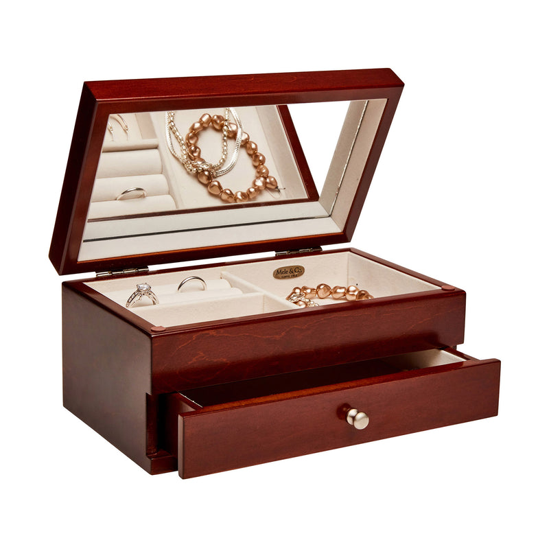Walnut wood Florentine marquetry jewelry box with open lid and pull-out drawer
