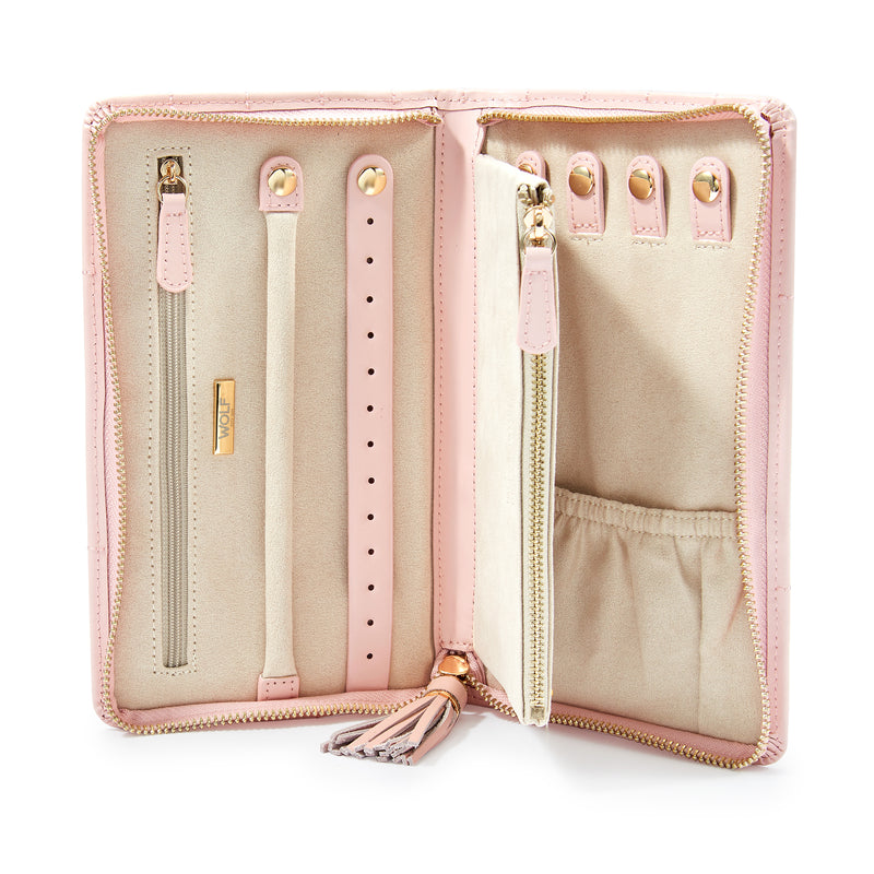 Rose quartz pink zippered travel portfolio case with gold trim, card slots, open pockets