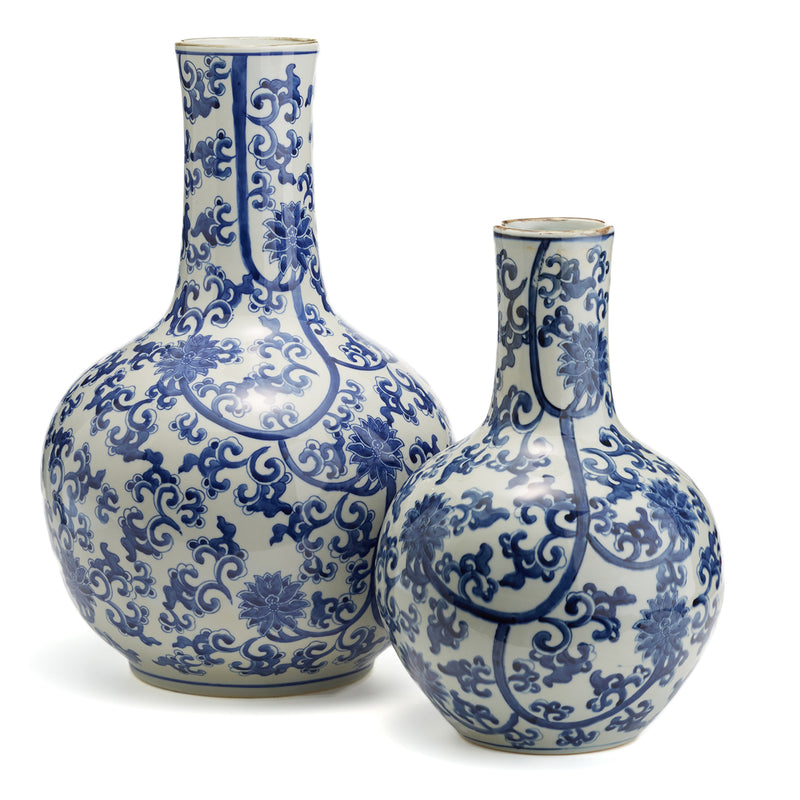 Set of two blue and white porcelain vases with lotus floral patterns and straight necks