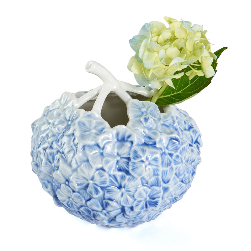 Royal Copenhagen Blue Hydrangea porcelain vase, blue floral relief with white handle