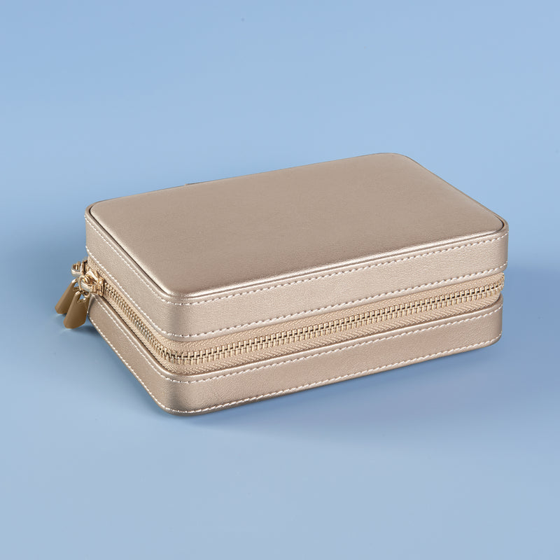 Pewter zippered travel jewelry case, rectangular with smooth finish and double zipper