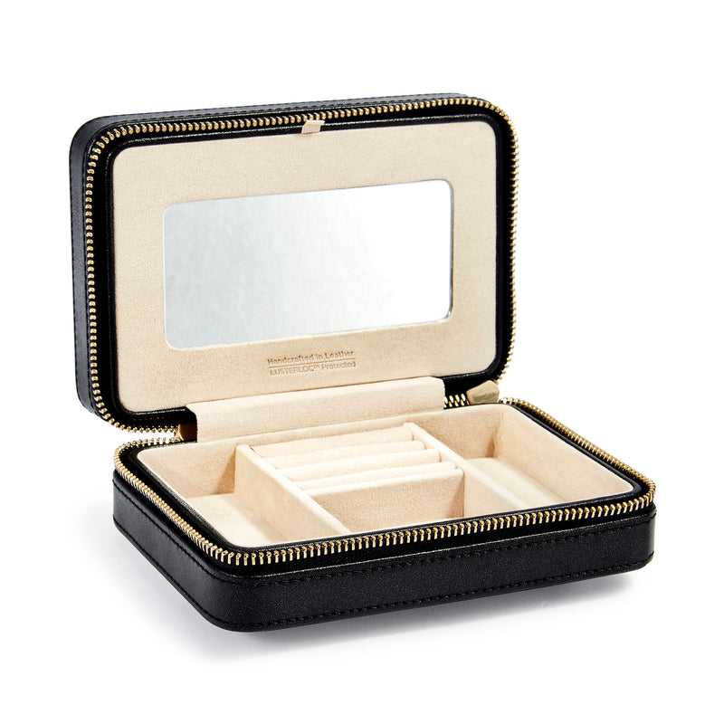 Black zippered jewelry case with gold-tone zipper, open with compartmented insert