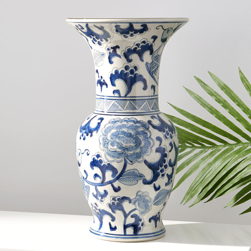 Blue and white porcelain phoenix vase with flared rim and cloud-and-bird motif