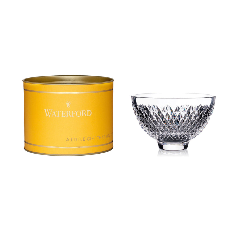 Waterford Crystal Giftology Alana glass bowl with diamond-cut facets, shown with gift tin.