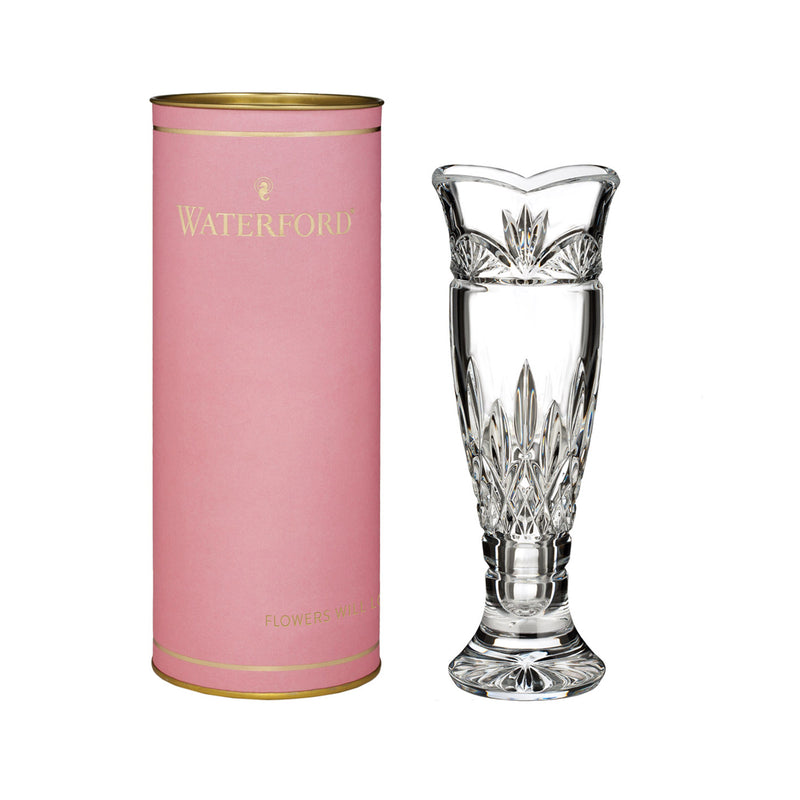 Waterford Lismore clear crystal bud vase with pink cylinder gift box