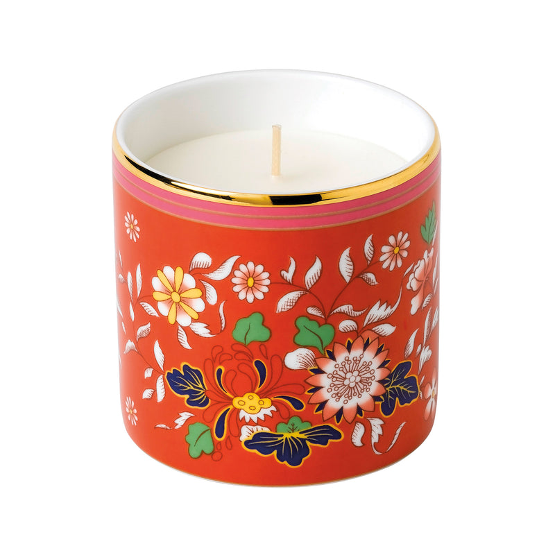 Wedgwood Wonderlust Crimson Jewel candle, red floral glass jar with gold rim and wick