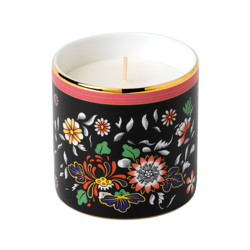 Wedgwood Wonderlust oriental jewel candle, black ceramic with colorful floral pattern and gold rim