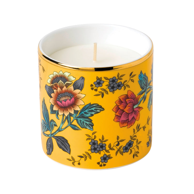 Wedgwood Wonderlust yellow floral Tonquin candle in ceramic jar with wick