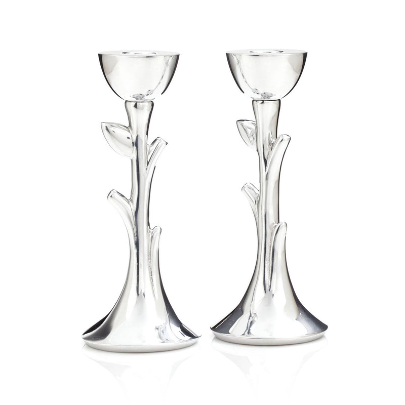 Silver Tree of Life Sabbath candlesticks, two tall candlestick holders with carved branches