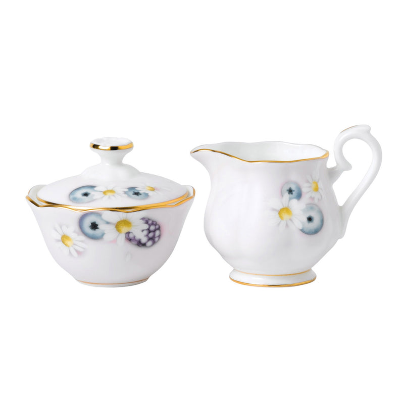 Royal Albert Alpha Foodie cream and sugar set, white ceramic with blue floral and gold trim