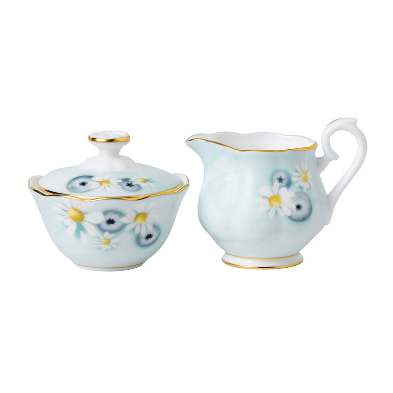 Royal Albert Alpha Foodie mini cream and sugar set, turquoise porcelain with floral pattern