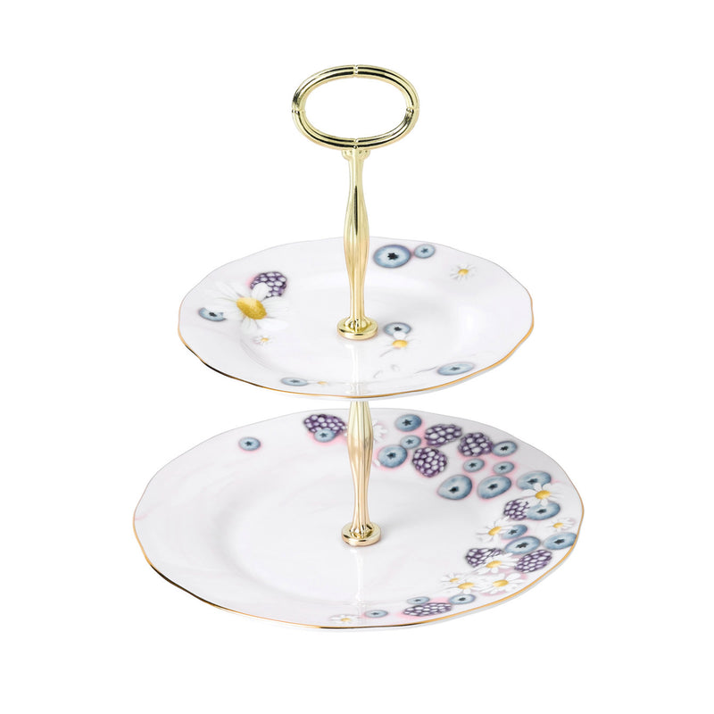 Royal Albert two-tier cake stand with pink and blue floral pattern, gold posts