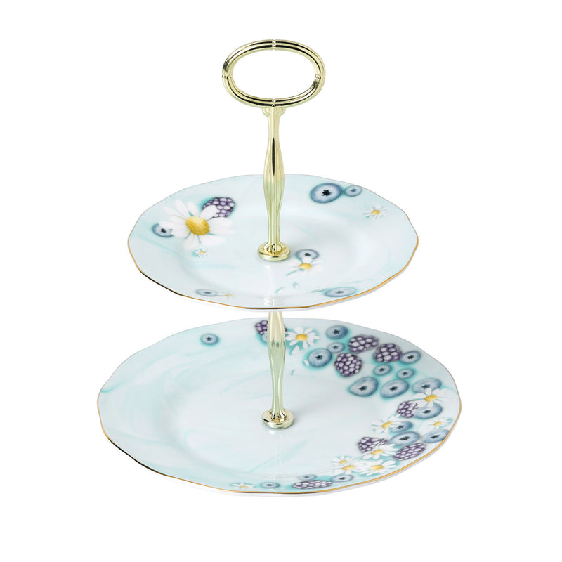 Two-tier turquoise ceramic cake stand with gold-tone central column and decorative pattern