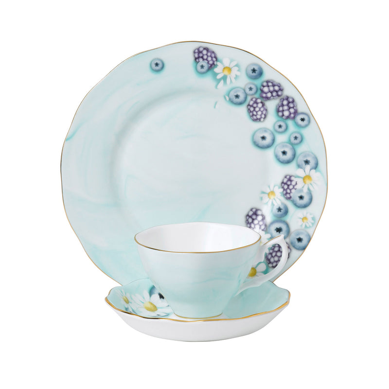 Royal Albert Alpha Foodie turquoise teacup and saucer with floral berry pattern, gold trim