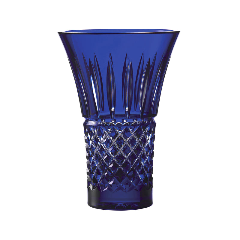 Blue crystal flared vase with diamond-cut facet pattern and tapered top rim
