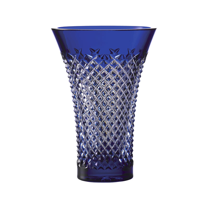 Waterford Crystal blue flared vase with diamond-cut faceted design
