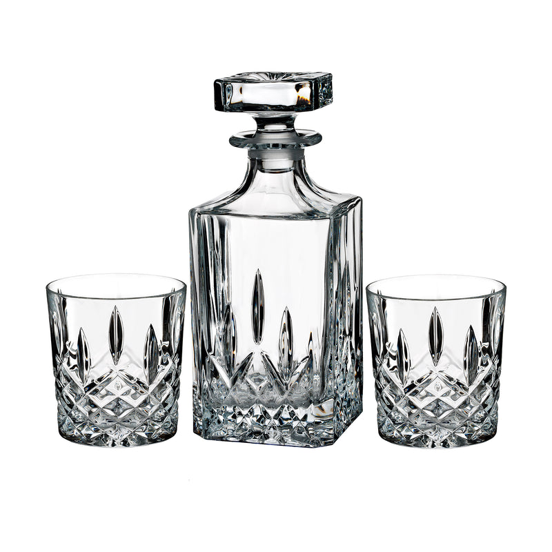 Waterford Crystal Markham crystal decanter with two cut-glass tumblers, clear