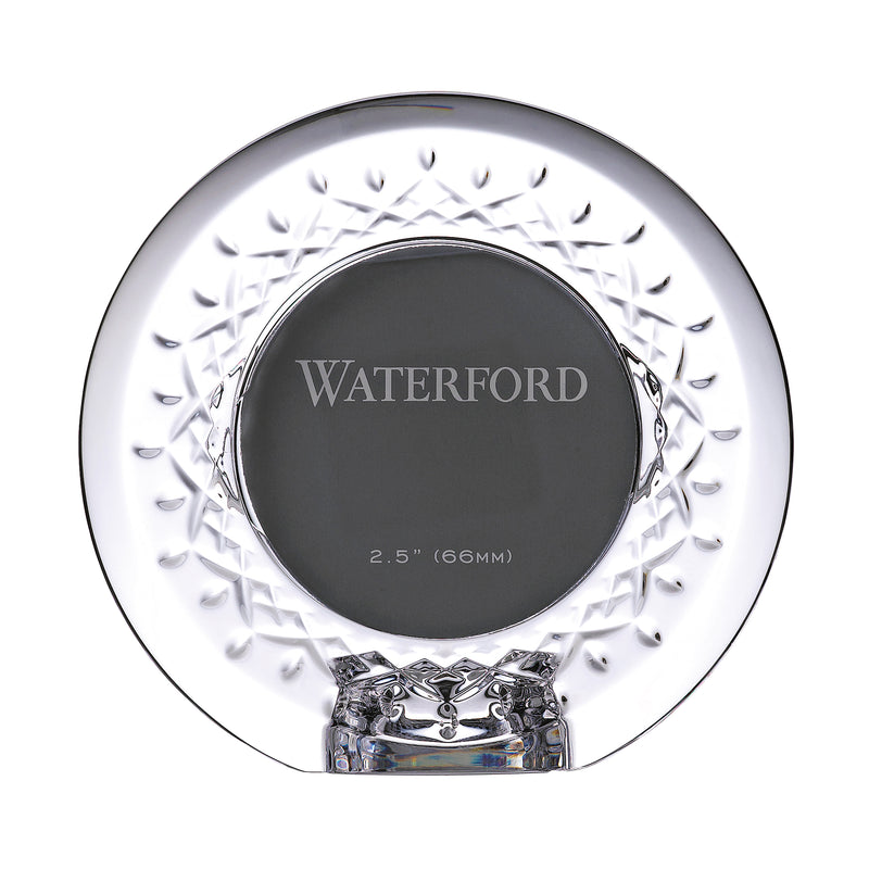 Waterford Crystal Lismore round picture frame with starburst engraving and WATERFORD logo