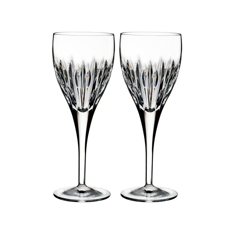 Two Waterford Crystal Mara wine glasses, clear crystal with faceted diamond cut