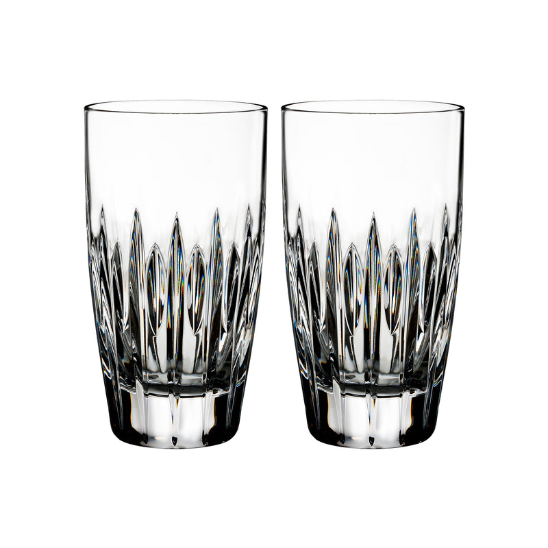 Set of two cut-glass highball tumblers with faceted diamond pattern