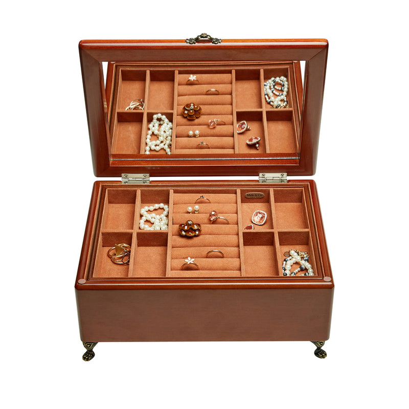 Mele & Co. Kinsley wooden jewelry box open, showing compartments and ring and earring slots