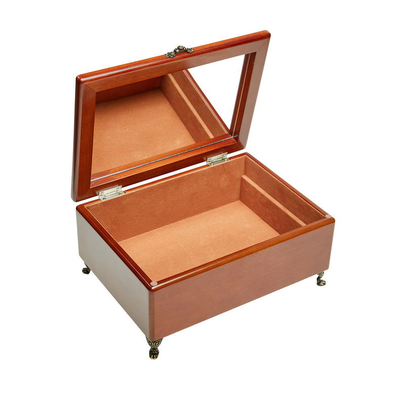 Mele & Co. Kinsley wooden jewelry box open, empty compartments with padded base
