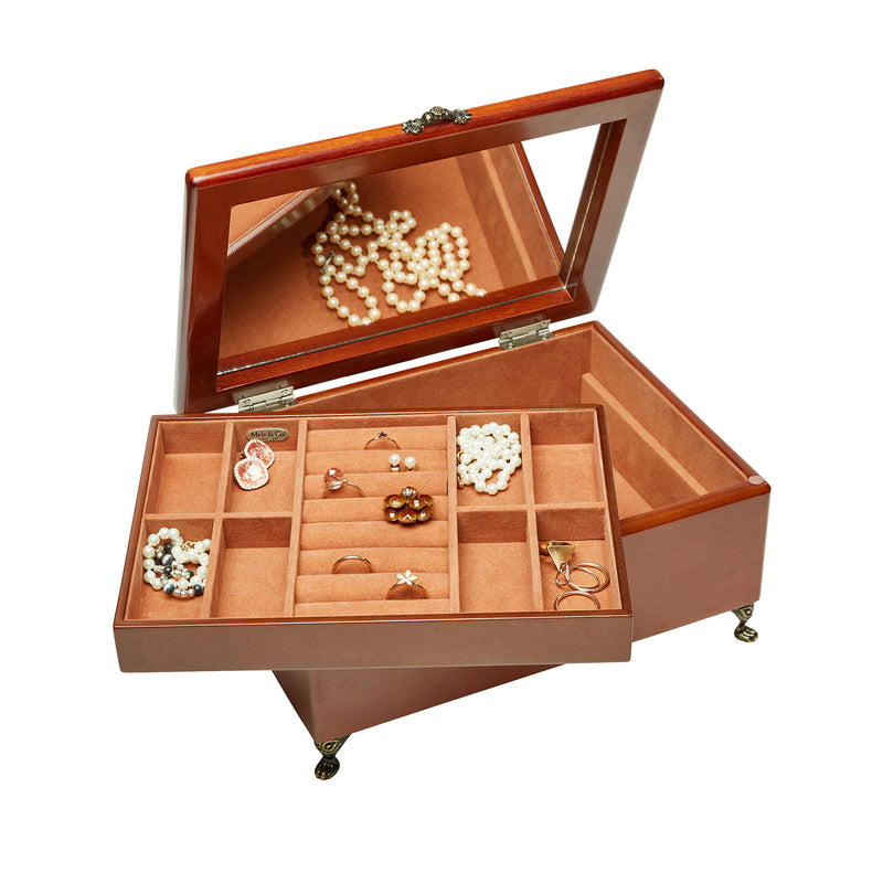 Mele & Co. Kinsley wooden jewelry box open, showing necklaces and bracelet compartments
