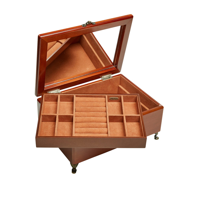 Mele & Co. Kinsley wooden jewelry box open, interior organizer with padded partitions