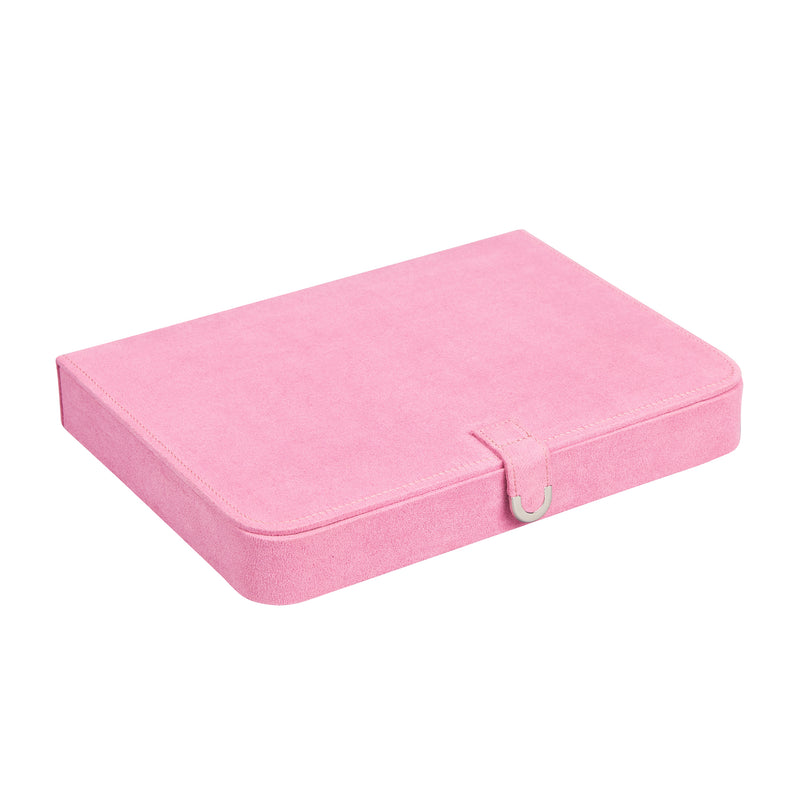 Pink fabric jewelry case with rounded lid and secure clasp closure