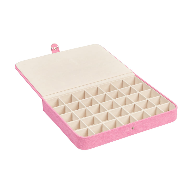Pink fabric jewelry case open with beige organizer grid and ring slots